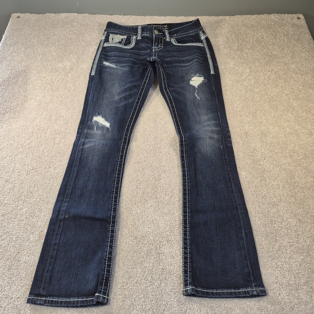 Maurices Bootcut Jeans Juniors 3/4 R Dark Wash Low Rise Distressed 29x30 Y2K